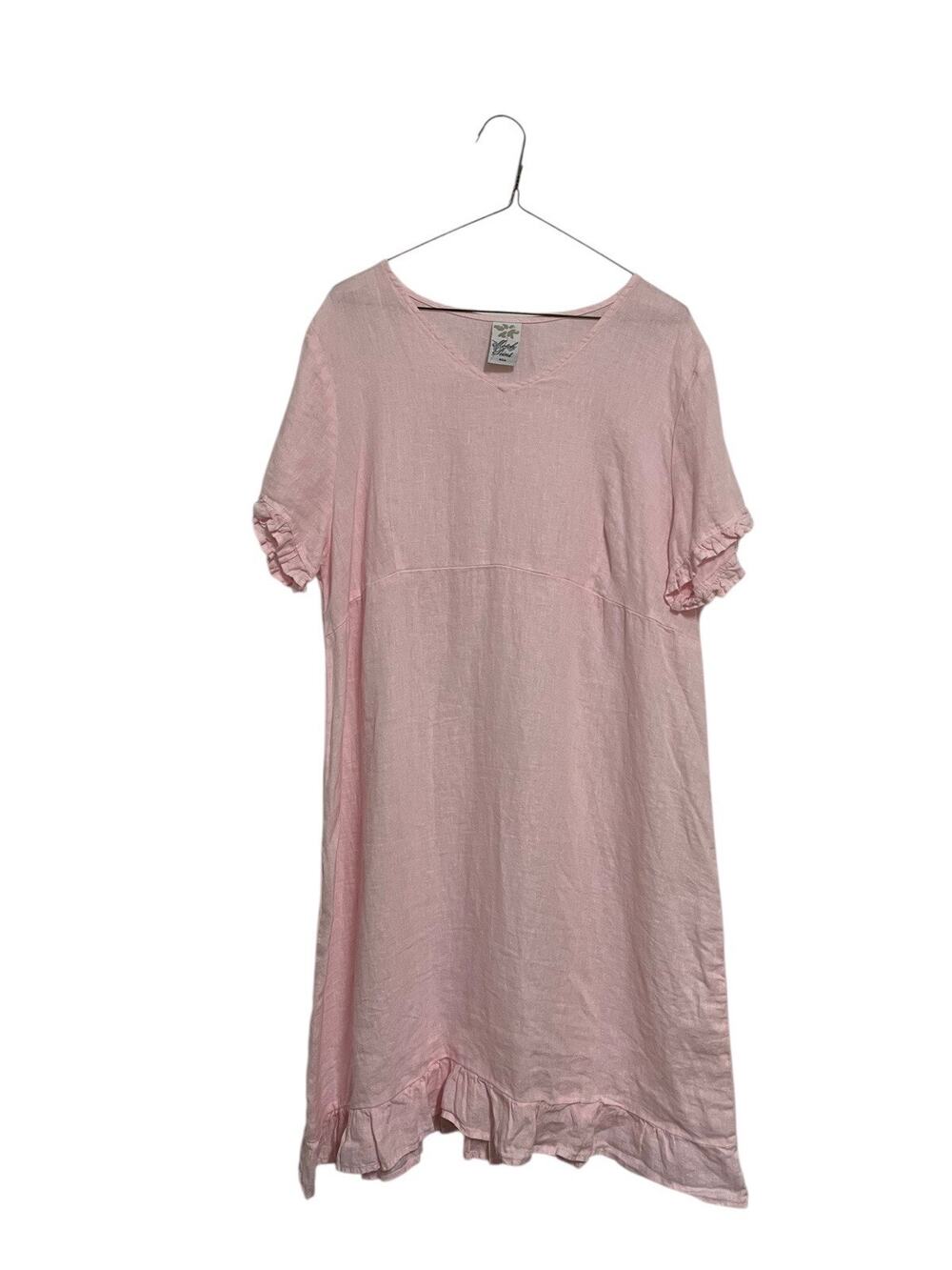 MATCH POINT Pink Linen Dress Size Large Short Sleeve V Neck Ruffle Preshrunk